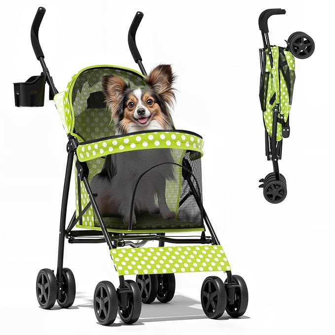 Magshion Compact Fold Pet Travel Stroller for Small Dogs Cats, Lawn Green | Up to 22lbs, 4-Wheel Lightweight Umbrella Shaped Design, Safety Tethers, Breathable Mesh, Cup Holder & Rear Storage