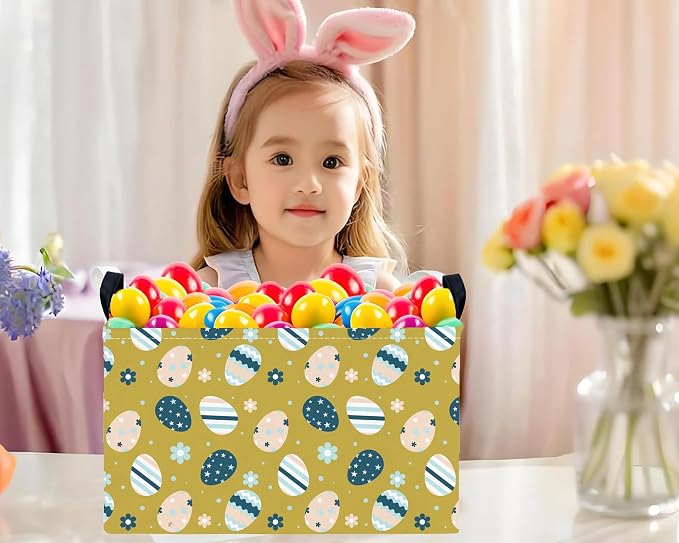 Large Rectangular Easter Baskets Empty Waterproof Boy Toy Box Foldable Kid's Gifts Storage Bin Spring Room Decor(Retro Floral Egg)