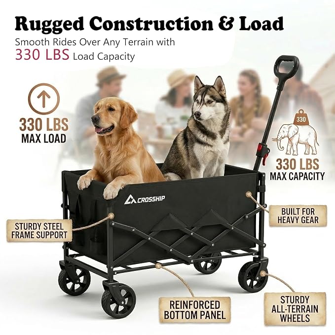 Folding Pet Wagon for Dogs - with Drop-Down Tailgate & Pet Pad | 330lbs Heavy Duty Dog Cart, All-Terrain Collapsible Wagon for Beach, Shopping & Camping, for 1 Medium or 2 Small Puppies