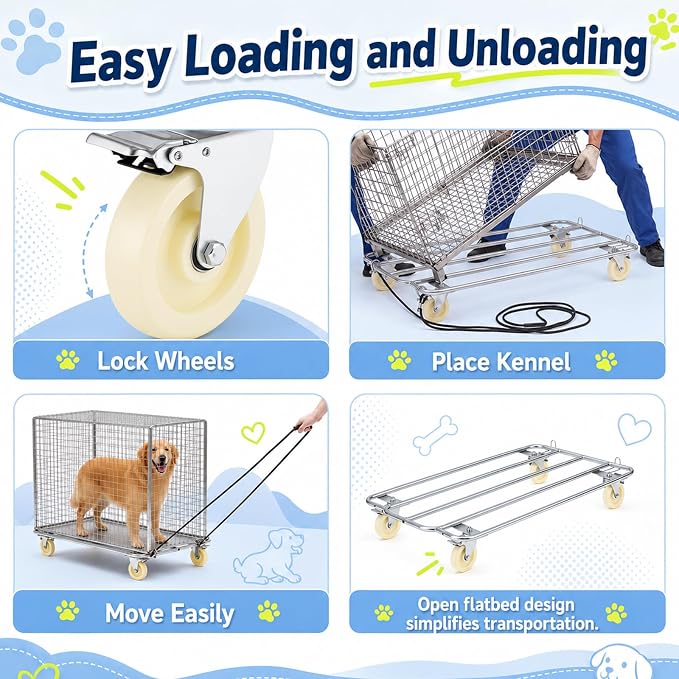 DaisyInner 42" x 24" Chrome Dog Cage Cart with Wheels Heavy Duty Kennel Trolley 330 Lbs Capacity with Removable Pull Rope and Handle Locking Casters for Vet Clinic, Grooming, Shelter