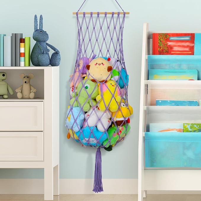 68 Inch Stuffed Animal Storage Net Corner Stuffy Hammock,Purple | Boho Macrame Large Toy Hammock for Stuffed Animals Organizer,Wall Ceiling Over Door Stuffy Storage Holder,Nursery Room Decor