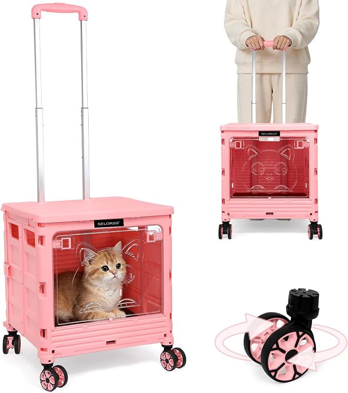 2-in-1 Foldable Shopping Cart & Rolling Pet Carrier, 55L Collapsible Utility Cart with Wheels, Pet Carrier with Telescopic Handle for Cats & Small Dogs, Portable Grocery Cart for Picnic, Travel-Pink