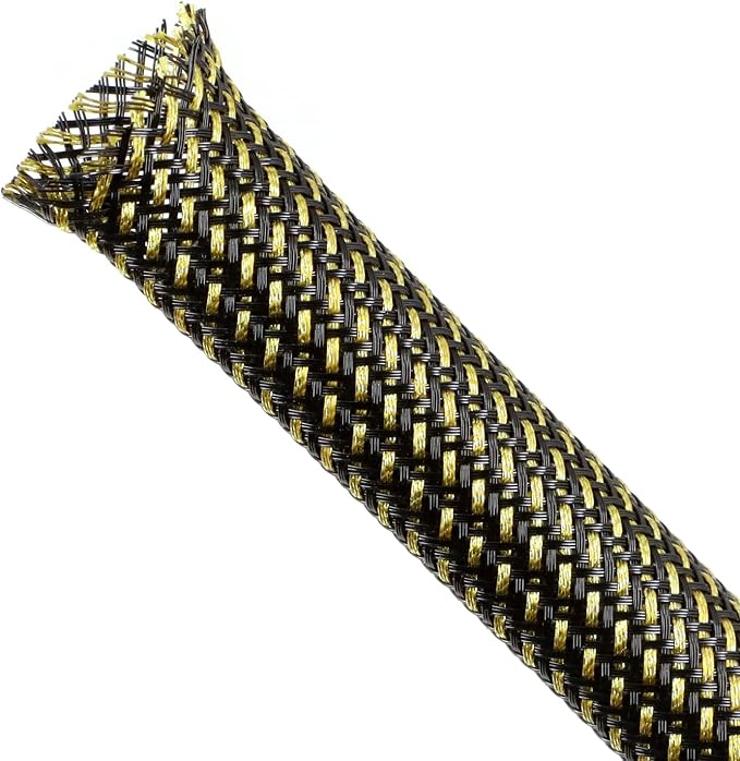 Braided Cable Sleeving, PET Expandable Braided Cable Sleeve, Flexible Mesh Sleeving Cord Management for Audio Video and Other Home Device, Cord Protector from Pets (Black Gold, 3/8" x 25ft)