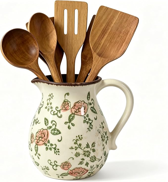 Utensil Holder for Kitchen Countertop, Rustic Ceramic Utensil Crock | Utensil Organizer Crock with Handle for Kitchen Counter, Vintage Farmhouse Home Decor, Flower Pot, Countertop Spoon Tools