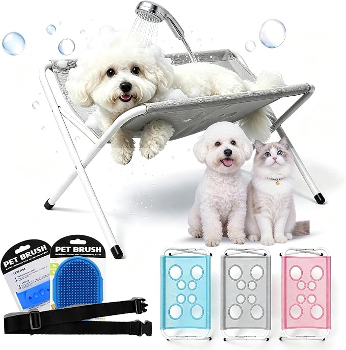 Dog Bath Rack, Foldable Pet Shower Grooming Stand with Mesh Hammock, Portable Dog Bath Table for Shower and Nail Care, Stable Frame Support for Puppies Cats and Small Breeds, Grey