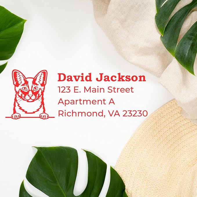 Peeking Oriental Longhair Cat Wood Handle Address Stamp - Crisp Imprint | Custom Oriental Longhair Cat Snail Mail Stamp. Uses a separate ink pad. Rubber Address Stamp for Cat Dads. 4 lines.