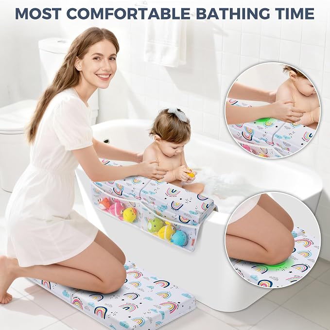 Bath Kneeler and Elbow Rest Pad Set, 1.5” Thick Bathtub Kneeling Mat | Cozy Memory Foam, Non-Slip 6 Suction Cups and 4 Toys Organizer Pockets, Quick-Dry Bath Kneeling Pad for Babies Toddlers