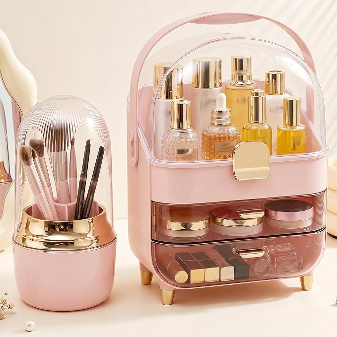 Large Pink Makeup Organizer Set with Clear Dome Cover and Brush Holder, 2-Tier Skincare Storage Case with 3 Pull-Out Drawers for Cosmetics, Lipsticks, Jewelry, and Beauty Tools（Pink）