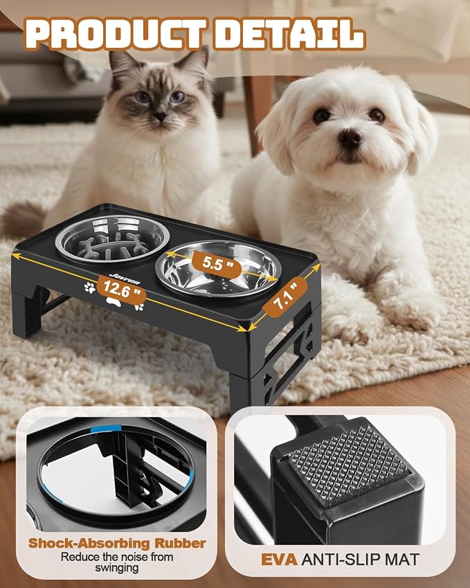 Jovrun Elevated Dog Bowls for Small Dogs and Cats, Non-Slip Cat Bowls with 1*Stainless Steel Dishes & 1*Slow Feeder Bowl, Dog Feeder 2 Heights Adjustable to 2.6"-5.3"