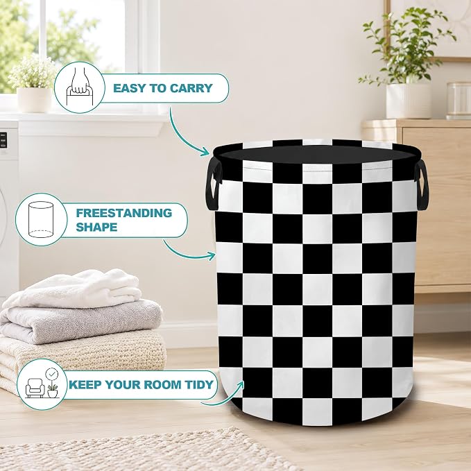 Laundry Hamper,Black White Checkerboard Collapsible Laundry Basket with Handles,Checkered Waterproof Oxford Cloth Clothes Organizer for Bedroom Bathroom Dorm Nursery,16 x 20 Inch
