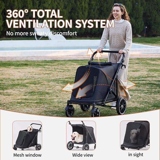Dog Stroller for Large Dogs, 100 Lbs Capacity Heavy Duty Extra Large Pet Stroller for Medium Dogs, All Terrain Dog Wagon Cart with 12" PU Wheels, Shock Absorption, Adjustable Handle, Black