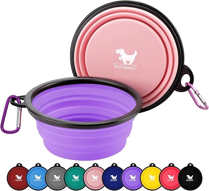 Collapsible Dog Bowls for Travel, 2-Pack Dog Portable Water Bowl for Dogs Cats Pet Foldable Feeding Watering Dish for Traveling Camping with Carabiners, BPA Free (Purple&Pink, Large)