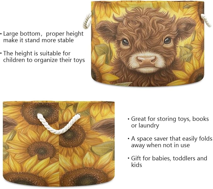 DOMIKING Large Storage Basket for Toys Cow Sunflowers Golden Storage Bin Box Kids Laundry Hamper for Laundry Hamper Kid's Room Baby & Dog Toy