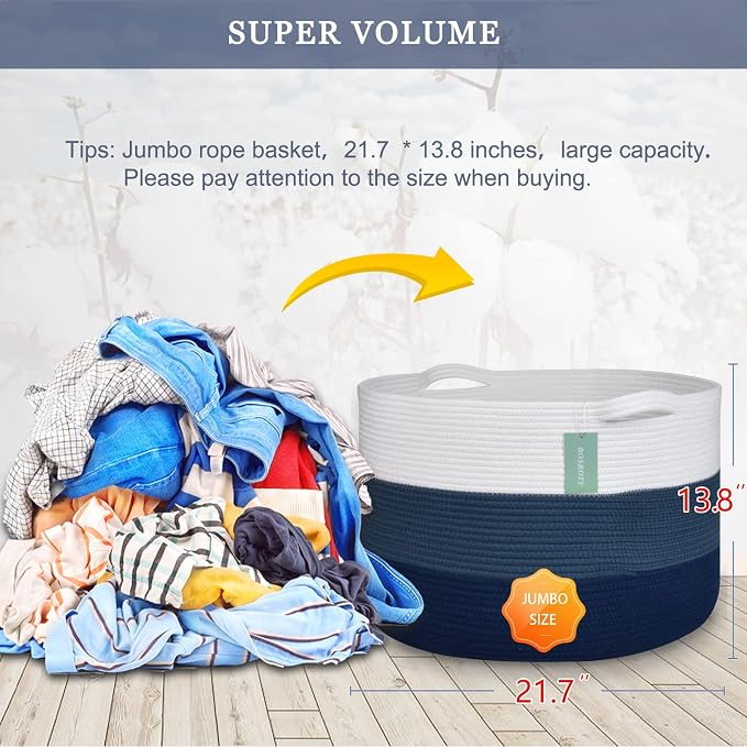 Large Cotton Rope Blanket Basket, 87L Laundry Hamper, White & Blue