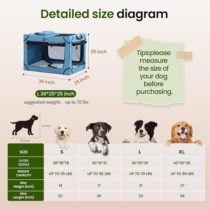 Portable Collapsible Soft Dog Crate for Large Dogs, 36in Blue | Oxford Cloth Travel Camping dog kennel with 4 Mesh Windows & 2 Storage Pockets,for Indoor & Outdoor Use