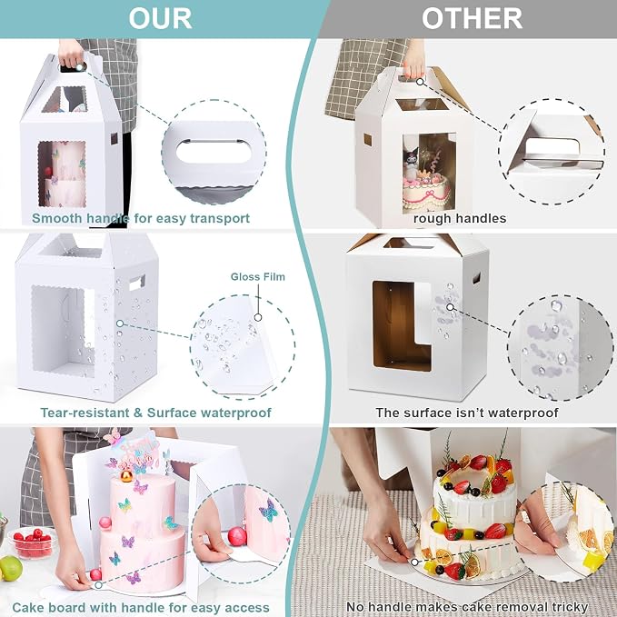 Tall Cake Boxes for Tier Cakes with Cake Boards 4 Pack 10 & 12 Inch Disposable Large Tiered Cake Carrier Take Out Containers with Window for Wedding Birthday Bakery Cake Safe Transport Box
