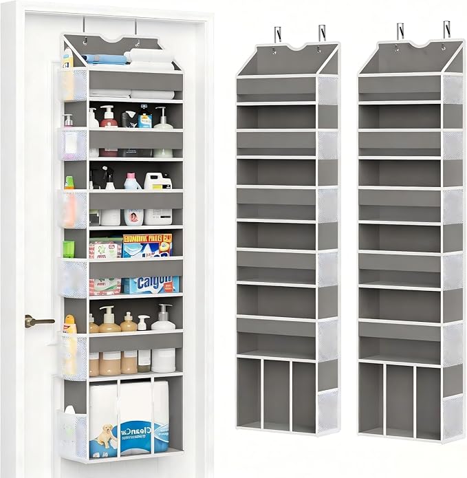 2-Pack Over The Door Organizer Hanging 6-Shelf Storage Organizer with 50lb Heavy Duty Perfect for Bathroom Closet Nursery Bedroom Pantry Laundry (Grey)