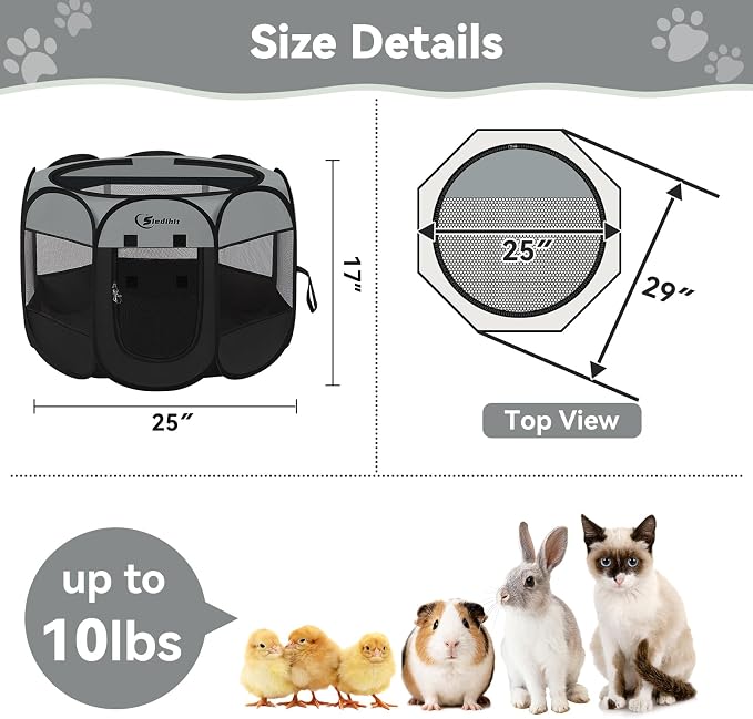 Siedihit Dark Grey Dog Cat Playpen, Puppy Pet Playpen, Small Dogs Tent | Crates Cage Indoor/Outdoor, Portable Pop Up Dog Kennel Playpen with Carrying Case for Dogs/Cats/Rabbits
