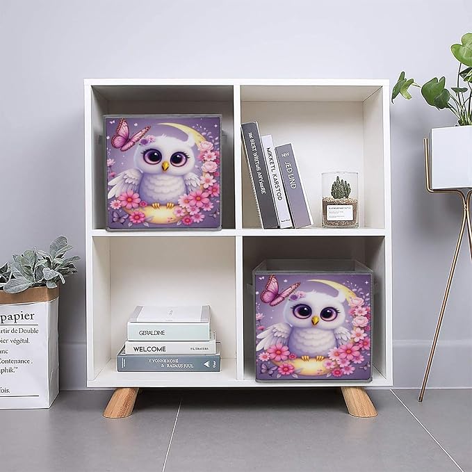 Purple Owl Flower Moon Butterfly Foldable Storage Bins, 10.6" Cube Storage Organizer, Sturdy Oxford Cloth Fabric Baskets for Closet, Shelf, Nursery, Bedroom, Decorative Printed Box for Toys & Clothes
