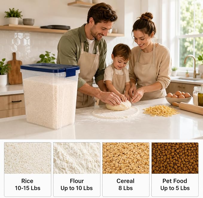 5-10 Lbs Airtight Cat Dog Food Storage Container, 8QT Compact Pet Food Bin | Plastic Food Container with Buckle-Lock Lid & Scoop for Dog, Cat, Bird Seed, Pet Food, Chicken, Dry Food, Rice, Cereal, Flour