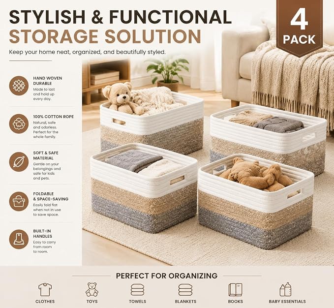 4 sets of hand-woven cotton rope storage boxes, suitable for toys, books, clothes, bathrooms, and car trunks used for organizing and decoration, Two 16x14x7 in and two 14x10x7 in