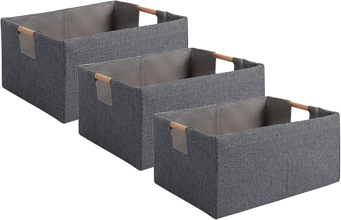 Fabric Storage Box, 13x10in Foldable Cotton Linen Basket with Wooden Handle | Small Rectangular Cube Decorative Home Laundry Organizer Clothes Blanket Container Organizing Clothes Sheets Jeans, Gray