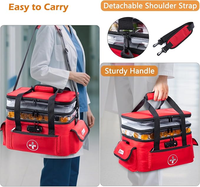 BAGSFY 3-Tier Medicine Organizer with Combination Lock – Large Medicine Bag, Empty First Aid Kit Case, Pill Bottle Medical Supply Organizer, Travel Prescription Bag, Medication Storage Container