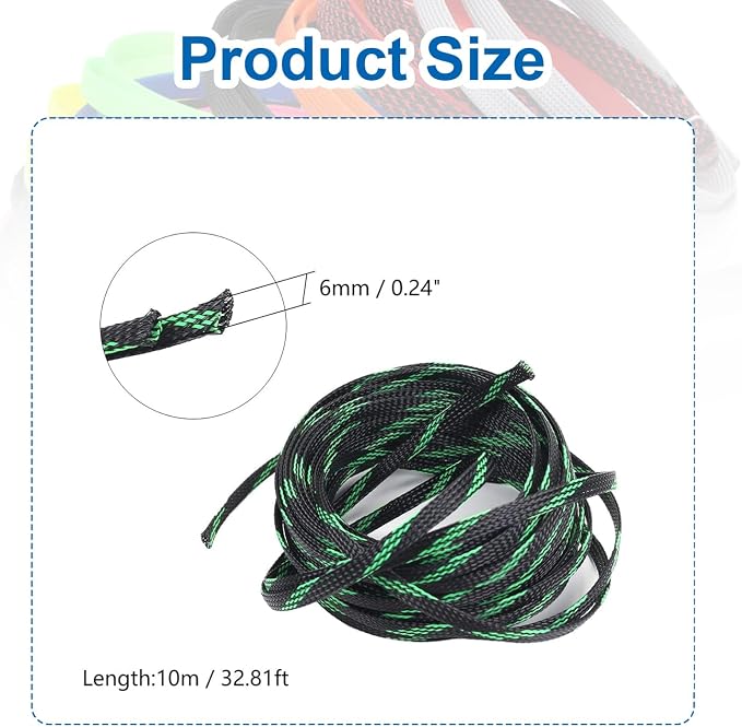 Heyiarbeit 10m/32.8ft PET Expandable Braid Cable Sleeving Flexible Wire Mesh Sleeve Black Fluorescent Green 6mm