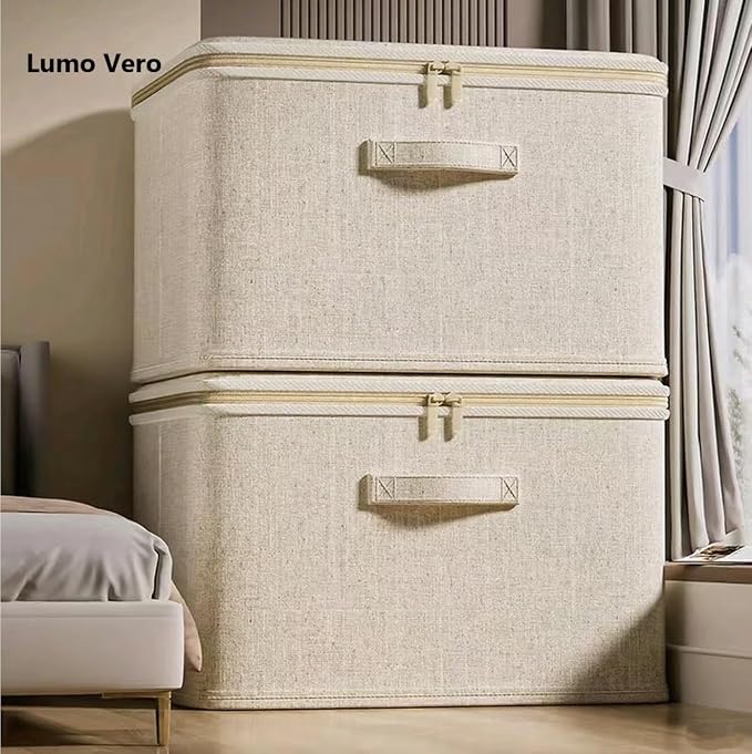 [3 Pack] Beige Cotton Linen Collapsible Storage Bins for Home Organization, Waterproof Fabric Foldable Organizer Boxes, 19.29 x 14.57 x 12.2 Inches, Zippered Flap & Handle (Extra Large)