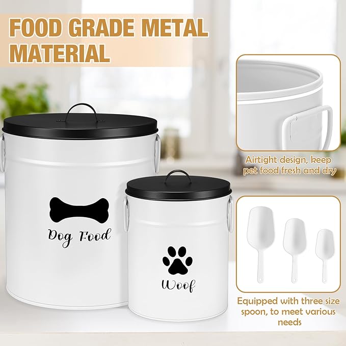 DoubleFill Extra Large 23+10 lb Metal Dog Food Storage Containers, White | Airtight Dog Treat Snack Jars with Lids and Spoon, Farmhouse Style Big Pet Cookie Storage Bin for Kitchen Counter, Set of 2