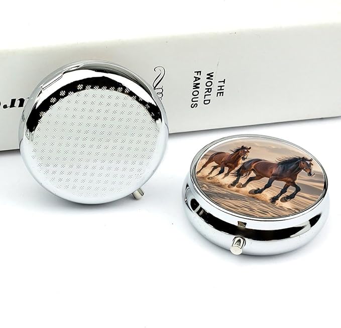 3 Compartment Medicine Pill Case, Horses Running in The Sand Round Pill Box, Portable Decorative Medicine Organizer for Pocket Or Purse Vitamin Organize