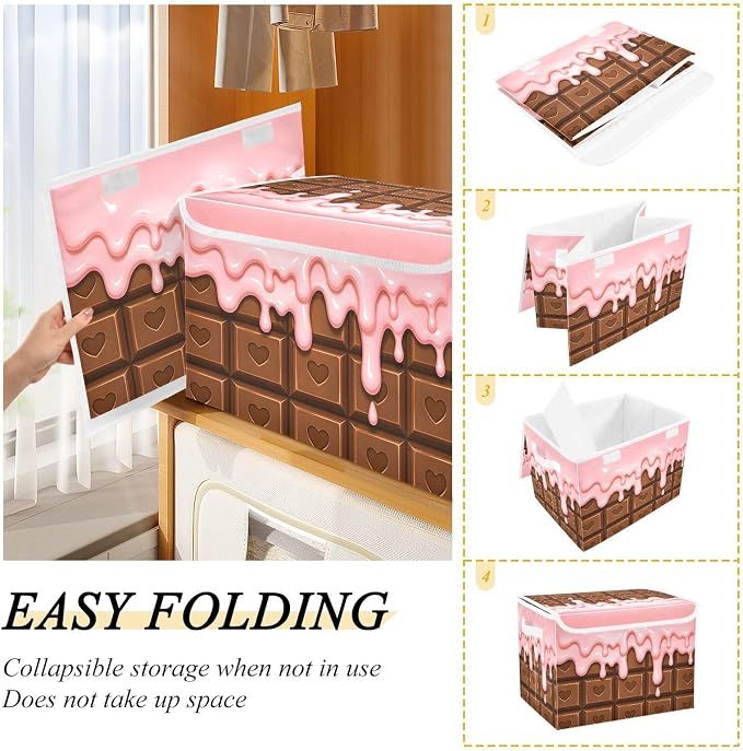 Fabric Storage Bins with Lid Chocolate Love Closet Storage Basket 40L | Decorative Storage Boxes, Foldable & Stackable, Dust-Proof Flip Top, Reinforced Handles, For Home & Dorm, Clothes & Toy Box