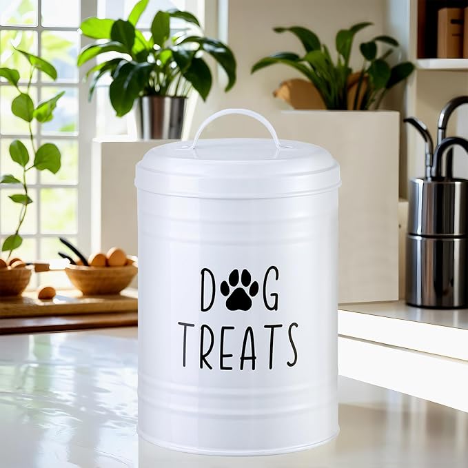 Dog Treat Container Airtight Set of 2, 9x5.5''&7x4'', 12Cup Capacity(White) | Large Capacity Dog Treat Jar Suitable All Popular Treats,Airtight Lid Keep Food Fresh,Dent-Resistant Durable Metal Cookie Jar