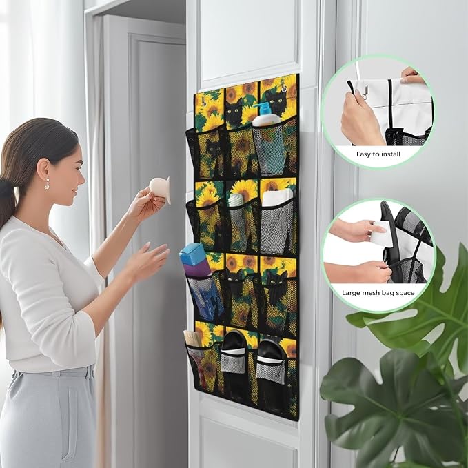 Sunflower Cat Over The Door Shoes Organizers,Behind Door Shoes Hang Holder Rack,Storage for Small Spaces,Hanging Storage Bags