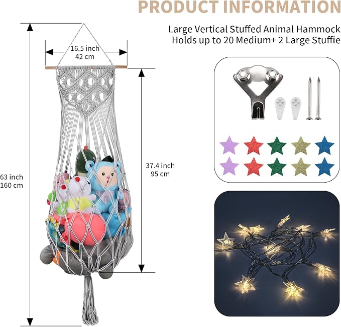 63 Inch Stuffed Animal Storage Corner,Macrame Toy Plushie Net,Gray | Wall Ceiling Over Door Hanging Hammock for Stuffed Animals,Toy Storage Display w/ Star Lights,Nursery Playroom Kid Room Decor