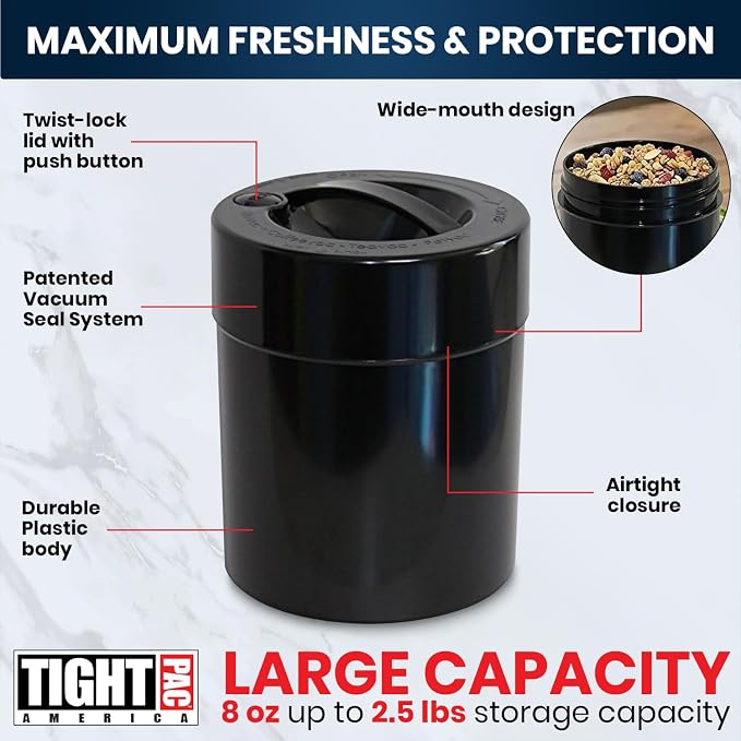 Tightpac Kilovac Airtight Coffee Container – Multi-Use Vacuum Container for Coffee Bean Storage, Grounds & Bulk Dry Goods – 2.5 lbs / 40 oz / 3.8L, Wide-Mouth, Patented Vacuum Seal, Black