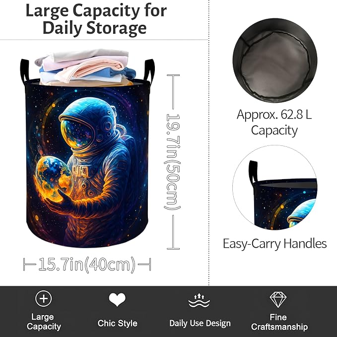 Astronaut Earth Laundry Basket, Galaxy Planet Art Foldable Oxford Cloth, Waterproof Dirty Clothes Hamper with Handles, Clothing Storage Bin Toy Organizer for Bedroom Dorm Bathroom, 19.7"x15.7"