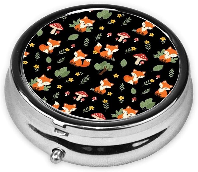 Mini Medicine Organizer, Round Pill Box Portable, 3-Section Case for Fish Oil, Travel Pill Container Purse Carry, Red Mushroom Green Leaves Flowers Floral Fox Black