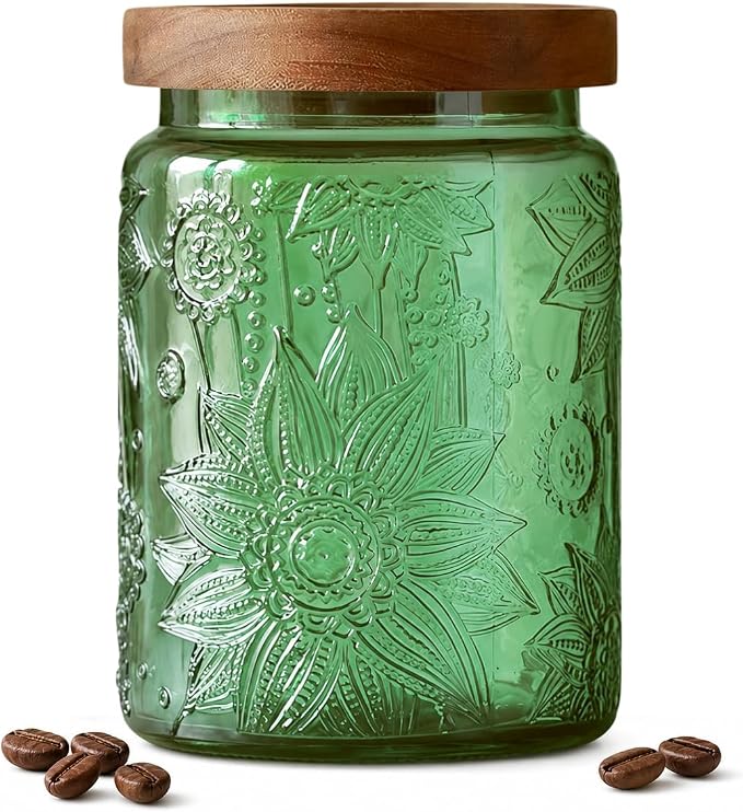 Vintage 23.7 oz Green Sunflower Embossed Glass Jar with Airtight Wooden Lid | Coffee Canister, Tea Container, Sugar Holder, Cookie Keeper, Candy Storage, Pantry Organizer, Kitchen Decor, Bath Salt Holder