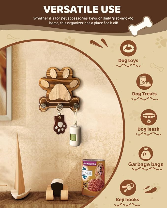 MTERSN Pine Wood Dog Leash Holder for Wall - Gift for Dog Lovers, Brown | 3D Dog Leash Hooks, Unique Dog Paw Shape Design, Ideal for Keys, Hats & Collars, 3 Wall Hooks, Key Holder for Cute Dog Stuff