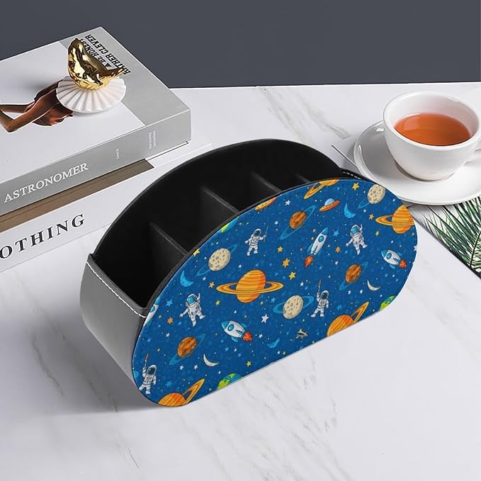 Pu Leather Remote Control Holder Space Astronaut Planets 5 Slot Caddy Box | Space Cute Astronaut Planets Blue Office Desktop Storage Organizer for Controller, Media Player, Stationery Supplies