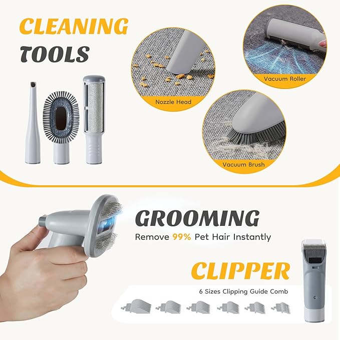 NEWBULIG 5-in-1 Pet Grooming Vacuum Kit, 2.5L Dust Cup, 3 Suction Modes and 5 Groomer Tools, Dog Clippers with Cordless Low Noise for Cats, Dogs Other Animals Hair Trimmer