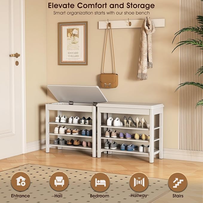 IUNVR Shoe Rack Bench Seat Rubberwood 3-Tier Wooden Storage Bench 550lbs Compact Mid-Century Modern Design for Entryway, Hallway, Closet, Front Door Entrance, Foyer