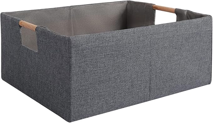 Fabric Storage Box, 15x11in Foldable Cotton Linen Basket with Wooden Handle | Medium Rectangular Cube Decorative Home Laundry Organizer Clothes Blanket Container Organizing Clothes Sheets Jeans, Gray