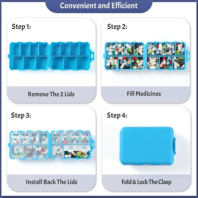 NEW Foldable & Double Protection Portable Weekly Pill Organizer 2 Times A Day with Etched Labels, AM PM 7 Day Week Medicine Box, Daily Travel Pill Case Holder Dispenser for Vitamin, Supplement - Blue