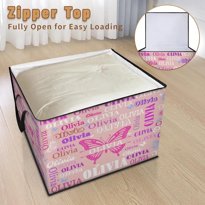 Custom Storage Baskets Cubes for Home with Name, Pale Pink Background Butterflies Large Foldable Organizer Collapsible Storage Bins for Home Blanket Comforters Clothes Closet Nursery