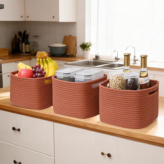 3 Pack Cube Storage Bin, 9”x9”x7” Cotton Rope Woven Baskets for Organizing Toys Clothes Towels, Square Gift Storage Baskets for Shelves, Nursery, Closet, Bathroom, Pantry (Red)