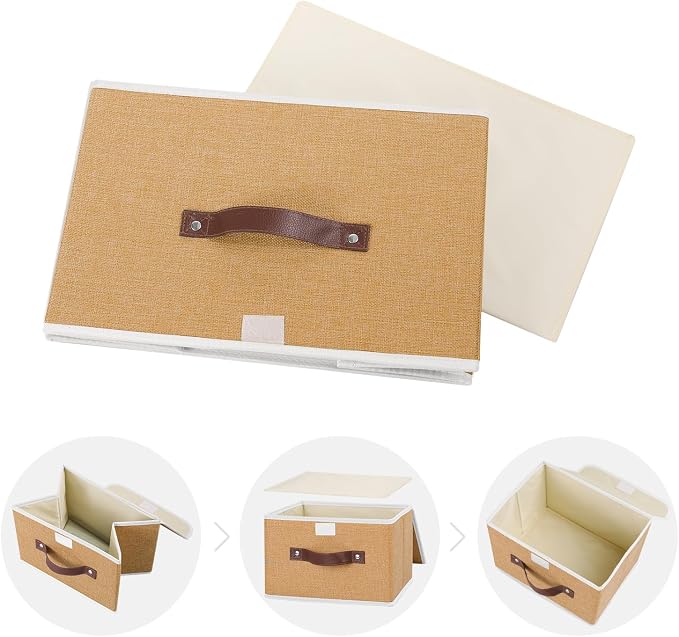 ANMINY Fabric Storage Box Bins with Lids, Khaki, 10"x8"x7", 4 Pack | Keepsake Memory Storage, Cotton Linen, PP Board Reinforced, Washable, PU Handles, Foldable & Stackable, Decorative, Small