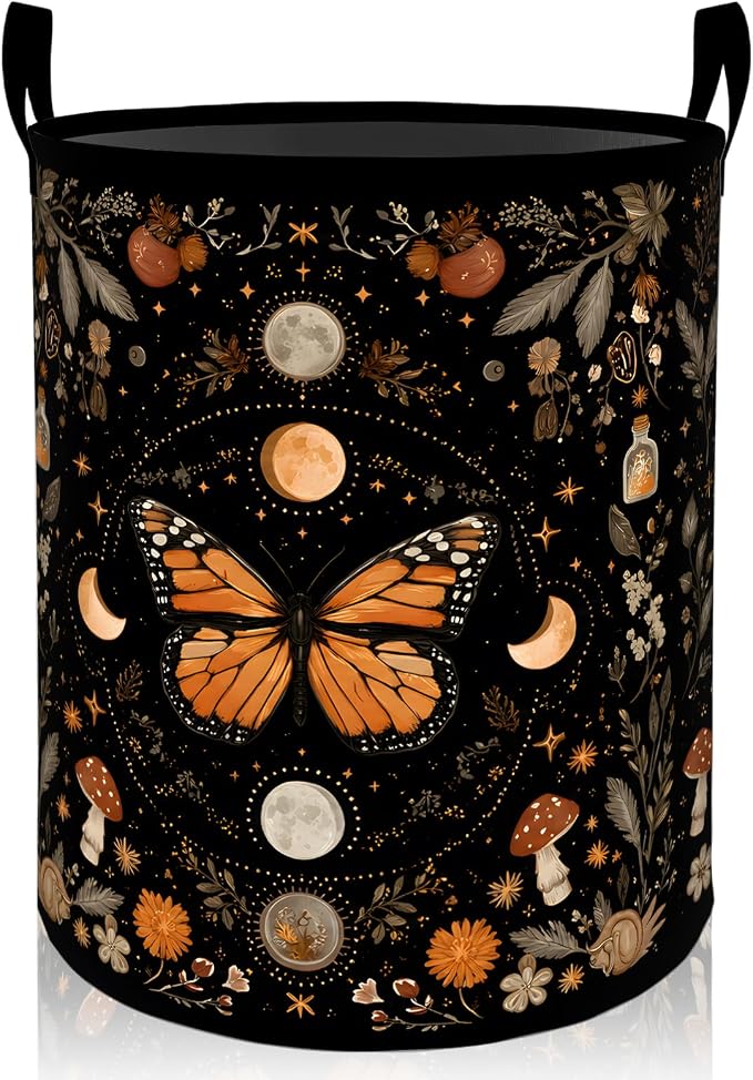 Mystic Butterfly Laundry Basket, Moon Floral Mushroom Oxford Cloth Dirty Clothes Collapsible Hamper for Room Decor, Boho Gifts, Toy Organizer 19.7 x 15.7 Inches for Bedroom Bathroom Dorm