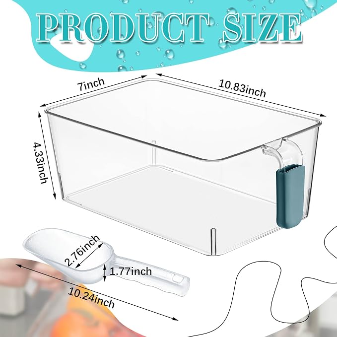 Havawish Ice Storage Bin and Flexible Scoop Set Plastic Freezer Bin | Freezer Ice Bin Scoop, Clear Bucket Container, Pull Handle, Flexible Storage, 10.83 X 7 X 4.33 in